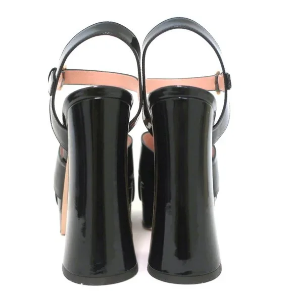 MOSCHINO PLATFORM FLARE-HEEL SANDALS BLACK PATENT LEATHER SIZE 38.5 - Picture 8 of 11